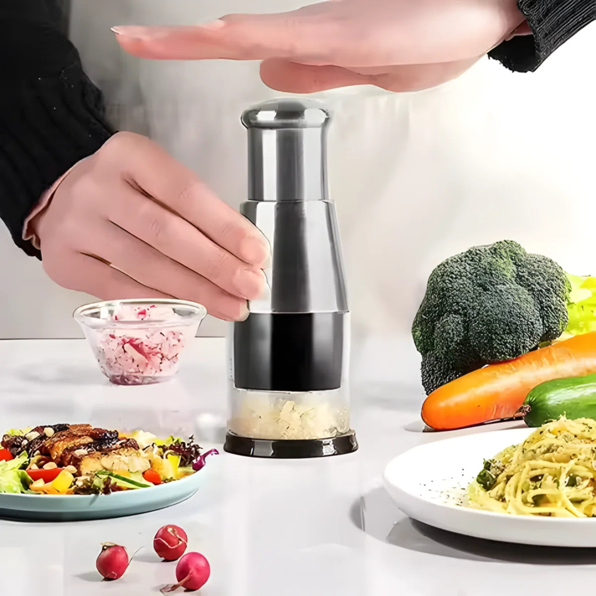 Manual Food Chopper – 3 Stainless Steel Blades